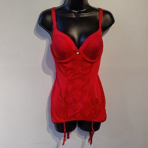 Felina Red Satin and Lace Longline Garter Bustier L